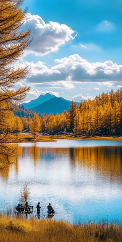 秋湖垂钓的闲适画面