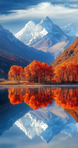 秋景映照的雪山湖泊