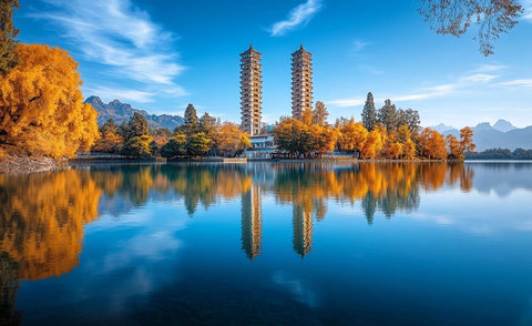 古塔映湖的秋日美景