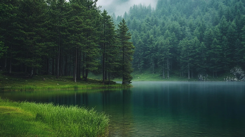 森林湖畔晨雾