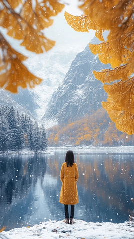 湖畔赏雪忆秋黄