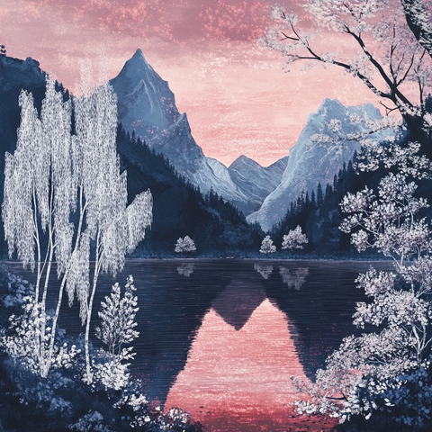 粉霞映湖山朦胧