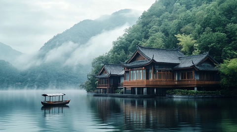 湖畔中式建筑的宁静之美