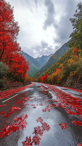 红叶铺满的山间公路
