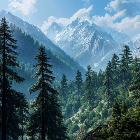 苍翠山林与雪峰