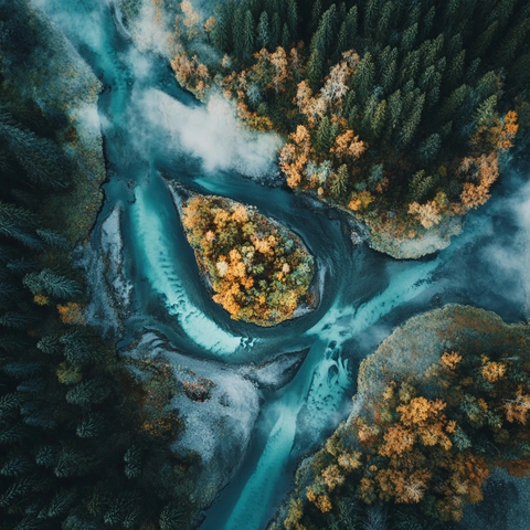 蜿蜒河流与秋林之美