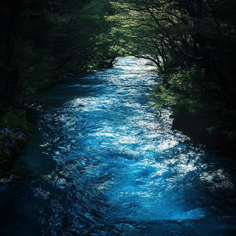 林间闪耀的蓝色溪流