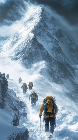 风雪中的登山队伍
