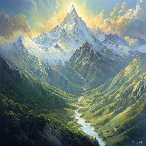 山谷溪流与雪山