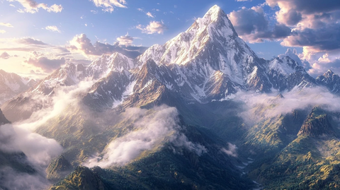 霞光映照的雪山美景