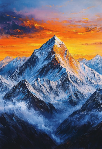 油画中的雪山黄昏