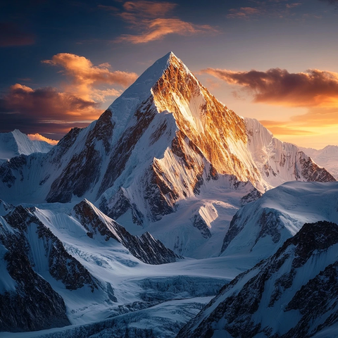 霞光映照雪峰的金色时刻