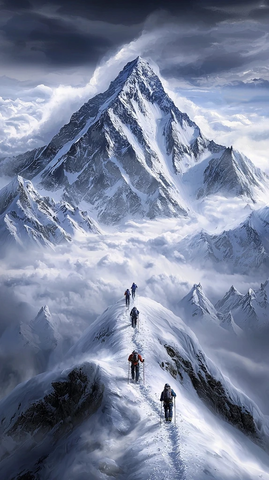 风雪中的登山队伍