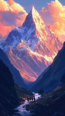 山谷溪流与雪山