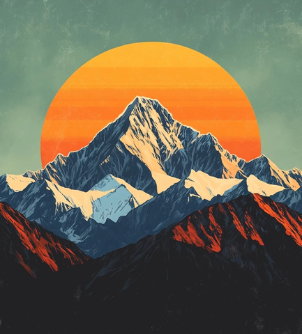 复古风格的落日雪山