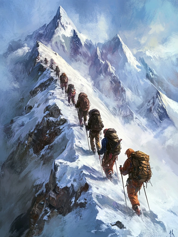 登山队伍征服冰雪山脊