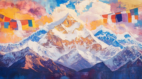 多彩圣山经幡与雪山的交融之美