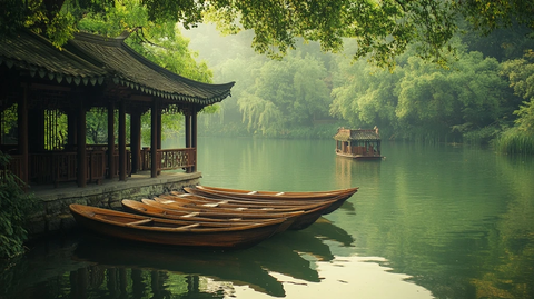 湖边亭榭的静谧氛围