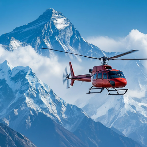 飞越雪山红色直升机的壮丽景观