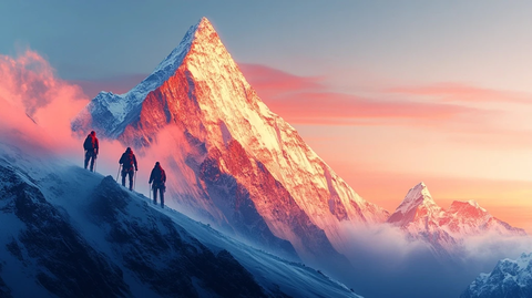 晨曦中的登山者与雪峰