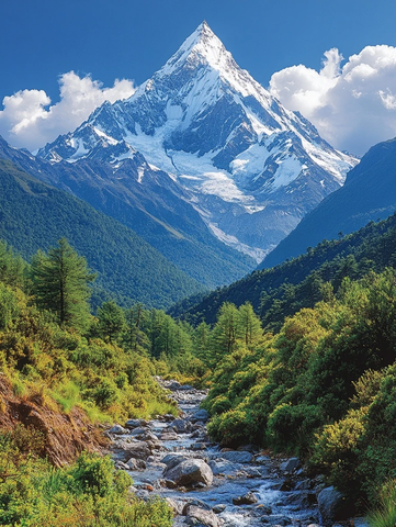 巍峨雪山与潺潺溪流