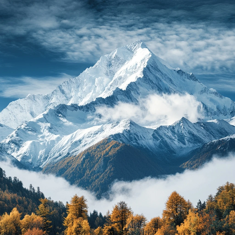秋林环绕的雪山