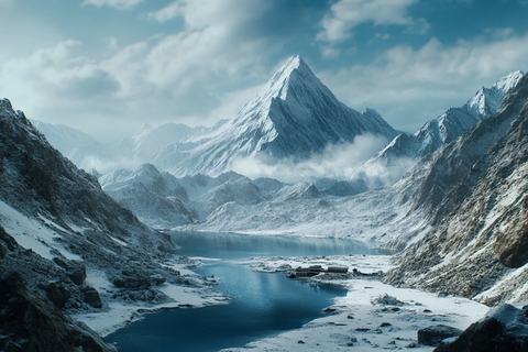 山湖相映的雪景