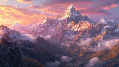 霞光映照的雪山