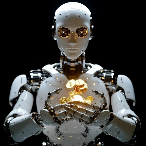 机器人手持金币与美元符号