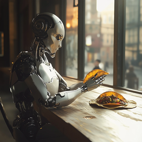 机器人木桌前享用墨西哥塔可