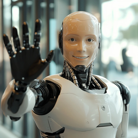 机器人微笑挥手白天场景