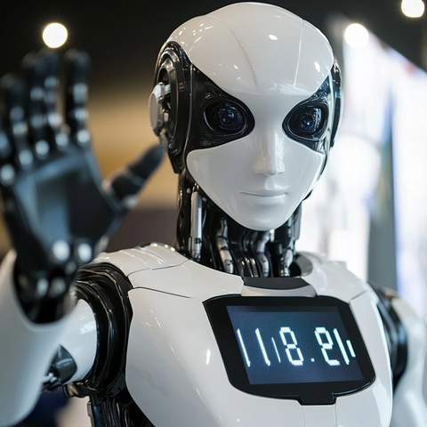 白色机器人伸手指示数