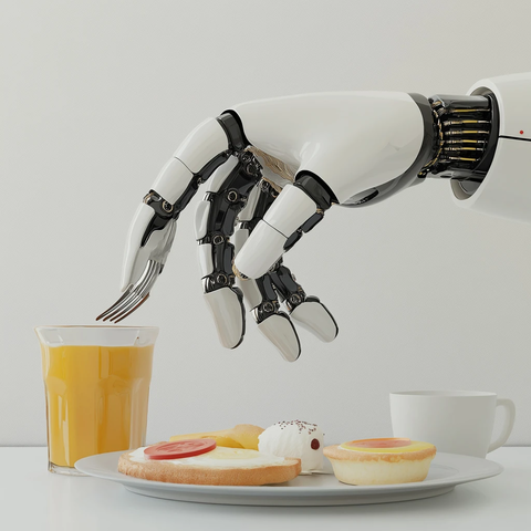 机器人手持餐具与早餐并立