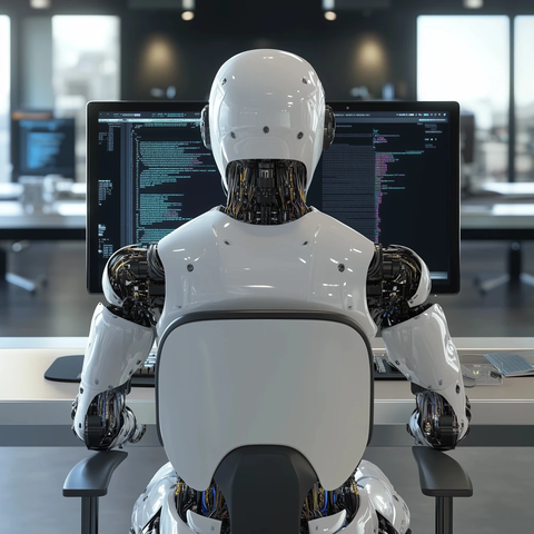 机器人坐在办公椅使用电脑