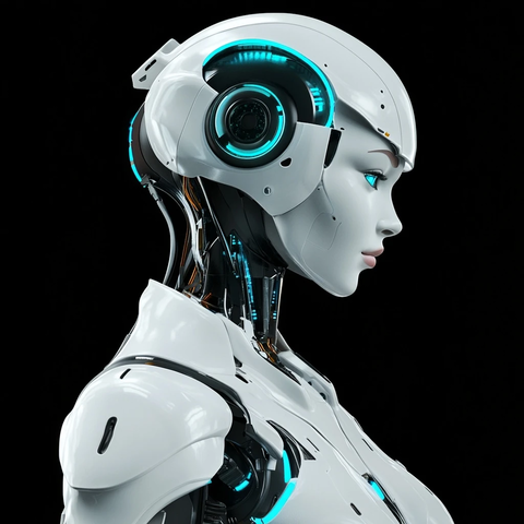 白色女机器人青色装饰右侧视角