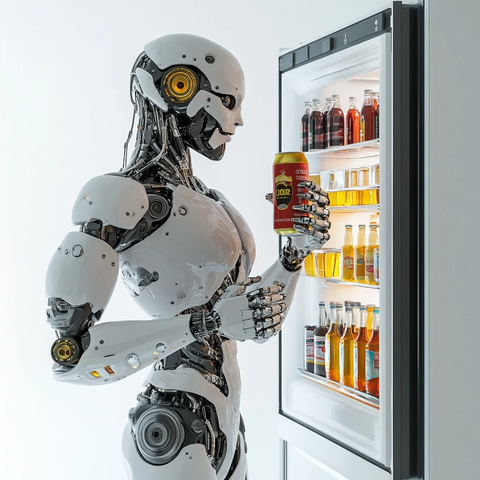 机器人手持啤酒和可乐站在冰箱前
