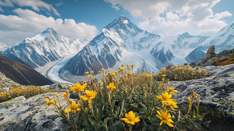 雪山下的黄色花朵
