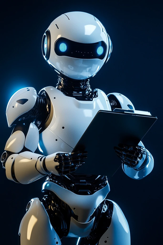 白色机器人手持笔记本看镜头