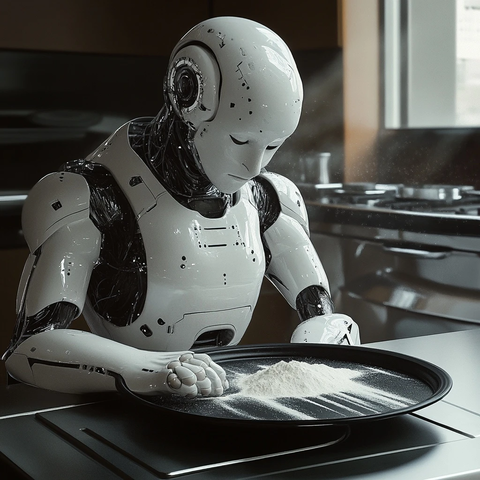 白色机器人厨房黑盘白粉