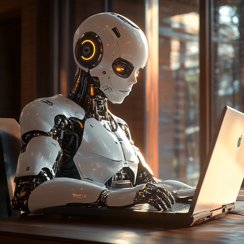 机器人专注使用笔记本电脑