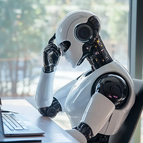 机器人坐桌边手托头