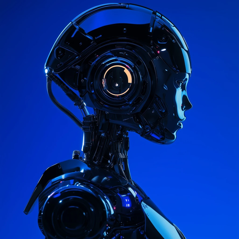 机器人侧面拍摄霓虹蓝光背景