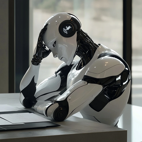 机器人手托头部坐在桌前