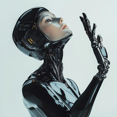 机器人女性抬头伸手