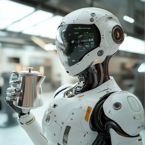 机器人管家手持咖啡壶自拍