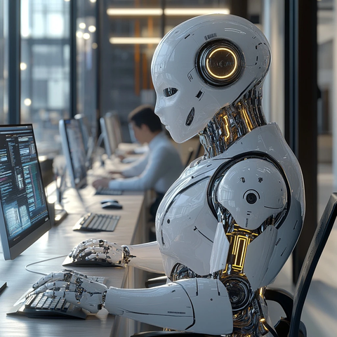 机器人办公桌前使用电脑