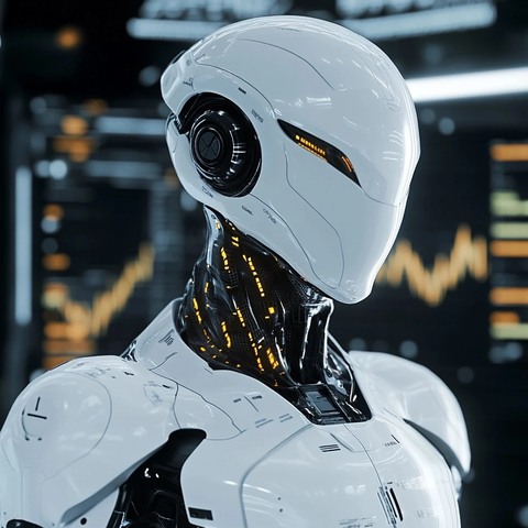 白色机器人与动态金融市场图表