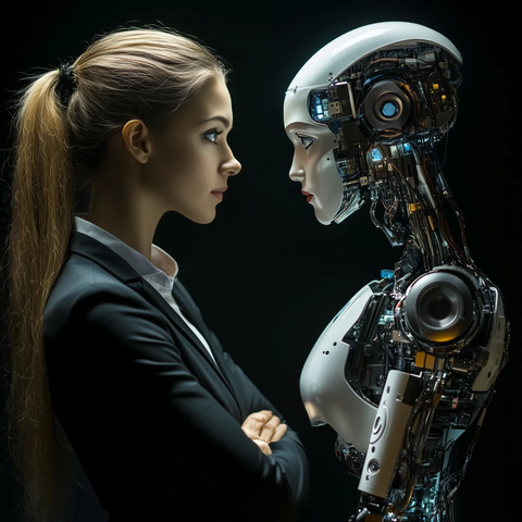商务女性与机器人对视