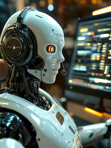 机器人客服佩戴耳机操作电脑