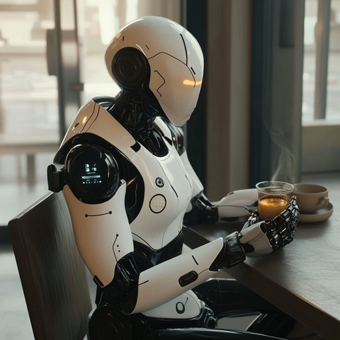 机器人手持油杯坐于桌前